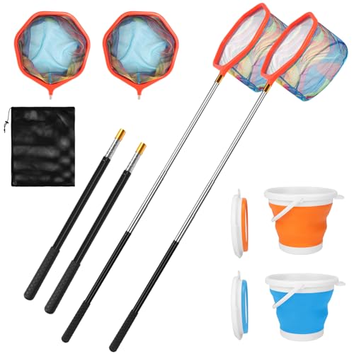 Kids Fishing Net, 2 Pack Telescopic Fishing Landing Net with Aluminum Pole Handle for Kids, Collapsible Bucket Kids Sand Pail, Fishing Net Butterfly Nets for Kids, Outdoor Playing - color: Red