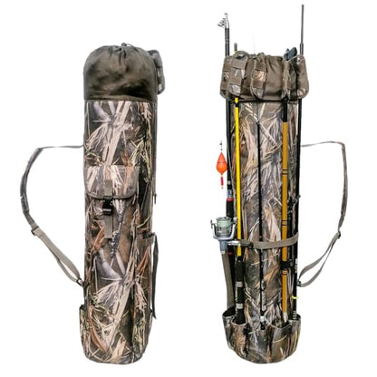 Allnice Durable Canvas Fishing Rod & Reel Organizer Bag Travel Carry Case Bag- Holds 5 Poles & Tackle - color: Camo