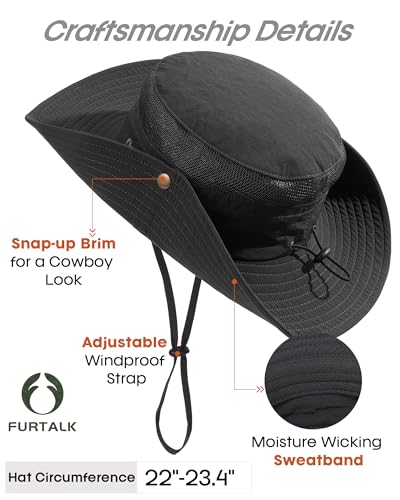 FURTALK Sun Hats for Men Women UPF Sun Protection Breathable Wide Brim | Nylon UV Protection, Breathable Adjustable, 2-in-1 Wide Brim, Packable Water-Resistant, Fishing Hiking Summer - color: Black