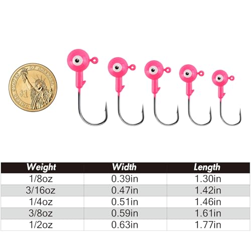 Alwonder 10-Pack Round Fishing Jig Heads, Bass Ball Jigs Hooks 3D Eyes High Carbon Steel 1/8-1/2OZ Pompano Jig Head Saltwater Freshwater Jigs Heads for Fishing Pompano Bass Trout Walleye Striper - color: Pink, size: 1/2oz