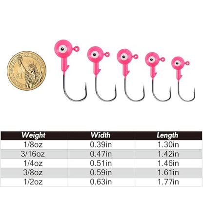 Alwonder 10-Pack Round Fishing Jig Heads, Bass Ball Jigs Hooks 3D Eyes High Carbon Steel 1/8-1/2OZ Pompano Jig Head Saltwater Freshwater Jigs Heads for Fishing Pompano Bass Trout Walleye Striper - color: Pink, size: 1/2oz