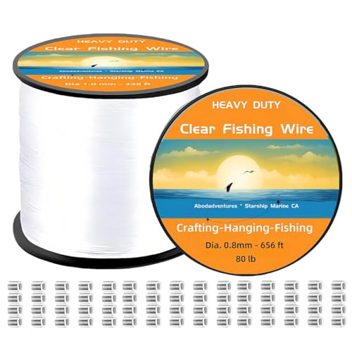 Aboda Clear Fishing Line 0.2-1 mm, Strong Invisible Nylon Fishing Wire 8-100 lb Test Includes Crimp Sleeves, Clear String for Hanging Decorations Balloons Garlands Beading Crafts & Jewelry - size: 0.8 mm, 656 ft, 80lb