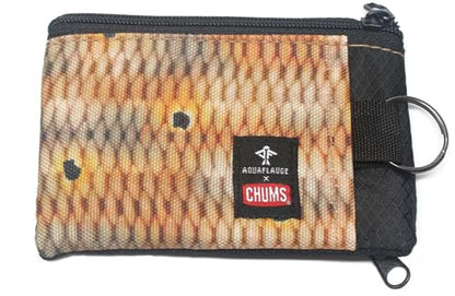 Chums Surfshorts Wallet - Lightweight Slim Wallet with RFID Blocking Card & Clear ID Window - Zippered, Water Resistant w/Key Ring - color: Aqua Flauge Redfish