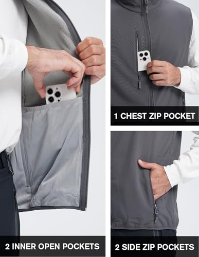 fit space Men's Lightweight Vest Softshell Sleeveless Windproof Jacket with Zipper Pcoket Cycling Travel Hiking Running Golf - color: Grey, size: Large