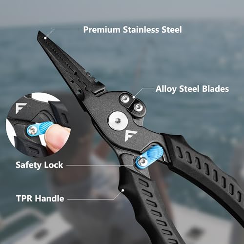 FLISSA Fishing Pliers, Safety Lock Design Fish Pliers Saltwater, Aluminum Hook Remover, Titanium 6Al-4V Jaw and Tungsten Carbide Line Cutters, Sheath & Lanyard, Fishing Gear Gifts for Men - size: 7.5-inch