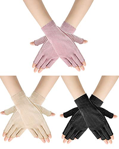 Sunblock Fingerless Gloves Non-slip UV Protection Driving Gloves Summer Outdoor Mittens for Women Girls - color: Beige, Pink, Black