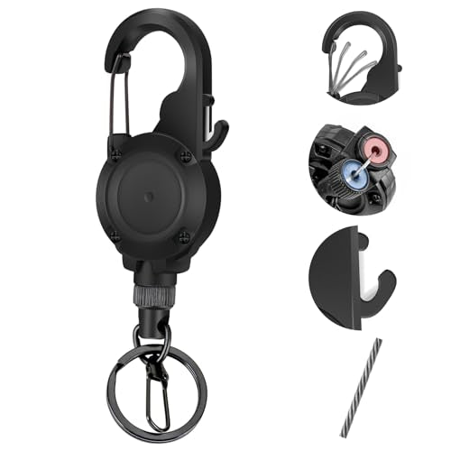 Fly Fishing Zinger Retractor,26" Stainless Steel Wire Rope, with Integrated Line Cutter and Magnetic Closure,360° Rotation Keychain & Carabiner Clip for Fly Fishing,Cycling,Hiking - style: 1 BLACK