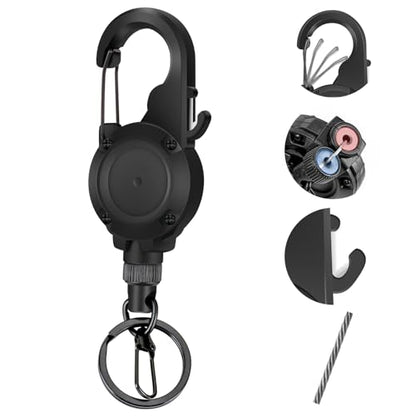 Fly Fishing Zinger Retractor,26" Stainless Steel Wire Rope, with Integrated Line Cutter and Magnetic Closure,360° Rotation Keychain & Carabiner Clip for Fly Fishing,Cycling,Hiking - style: 1 BLACK
