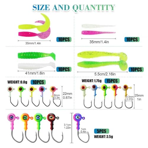 120pcs Fishing Crappie Lures -70pcs Jig Heads Hooks Kit,Small Soft Plastic Grub Lure, Tube Bait Jig Heads for Saltwater Freshwater Fishing - size: 110 pieces (30 Jig Heads + 80 Soft Baits)