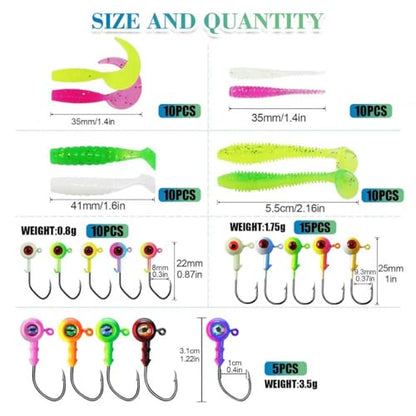 120pcs Fishing Crappie Lures -70pcs Jig Heads Hooks Kit,Small Soft Plastic Grub Lure, Tube Bait Jig Heads for Saltwater Freshwater Fishing - size: 110 pieces (30 Jig Heads + 80 Soft Baits)