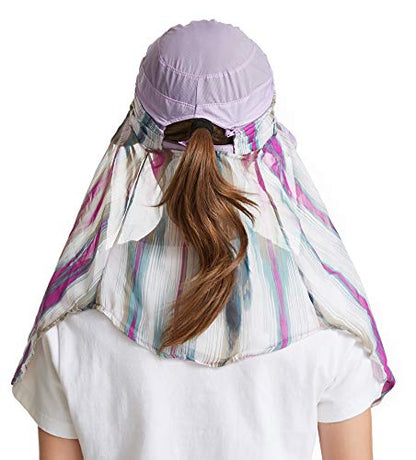 icolor Women Sun Hat UPF 50+ Sun Protection Hat Summer Outdoor Neck Shield Flap Visor Hat Ponytail Hats Wide Brim Beach Hat - color: Lightpurple