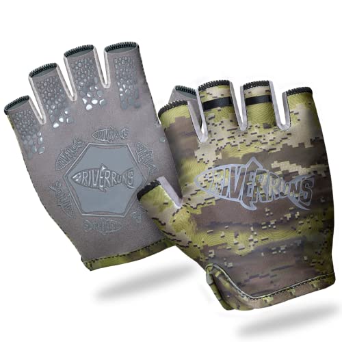Riverruns SwiftShield Fishing Gloves Shortened Wrist UPF50+ Sun Gloves Fingerless Lightweight Breathable Hiking Driving Kayaking Paddling - color: CamoGreen, size: Large