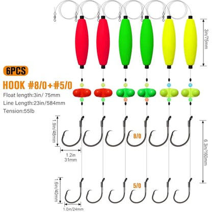Dovesun Pre-Tied Catfish Rig System, 23 Inch 55LB Santee Cooper Catfish Float Rig with Adjustable EVA Slip Float and High Carbon Circle Hooks 5/0 6/0 8/0, Ready-to-Fish for River and Bank Fishing - color: Cigar Float-5/0+8/0Hook * 6PCS