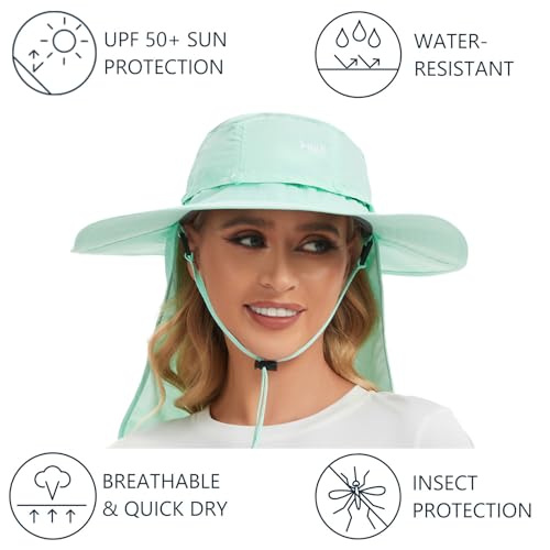 BASSDASH UPF 50+ Mosquito Sun Hat with Hidden Head Net and Neck Flap for Men Women Outdoor Fishing Hiking Camping - color: Pastel Teal