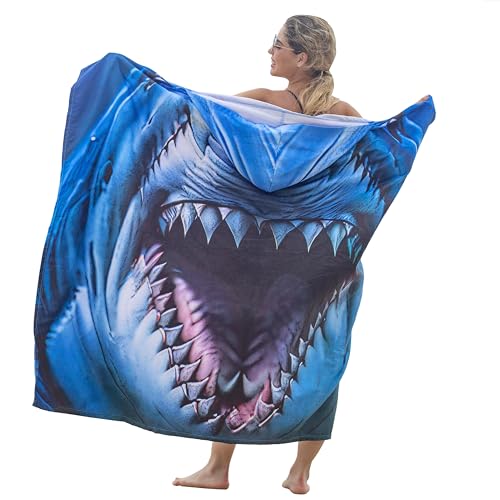 Catalonia Shark Hooded Towel for Adults, Quick-Dry Beach Poncho with Hood, Sand-Free Summer Gift - color: Shark