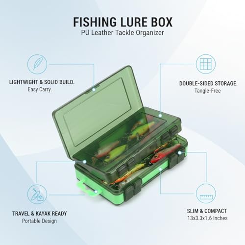 Double-Sided Fishing Lure Box, Slim PU Leather Tackle Organizer for Kayak & Travel, 13 x 3.3 x 1.6 Inches - color: Green