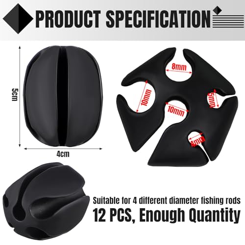 Blueweenly 12 Pcs Portable Silicone Fishing Pole Rod Holder Clips Fixed Ball 5 Holes Multifunctional Rubber Fishing Pole Puller Clips Bike Rod Holder Straps for Travel Ground Car Bike - color: Black