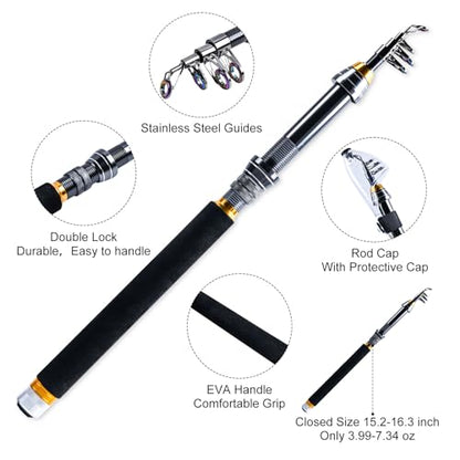 Goture Fishing Rod and Reel Combos,1.8M-2.7M Telescopic Fishing Pole Spinning Reel Line Lures Set with Carrier Bag,Telescopic Rod Kit for Starter Travel Saltwater Freshwater Gear Gift - color: C5:Fishing Full Kit with Carrier Bag, size: 6 ft/1.8 m