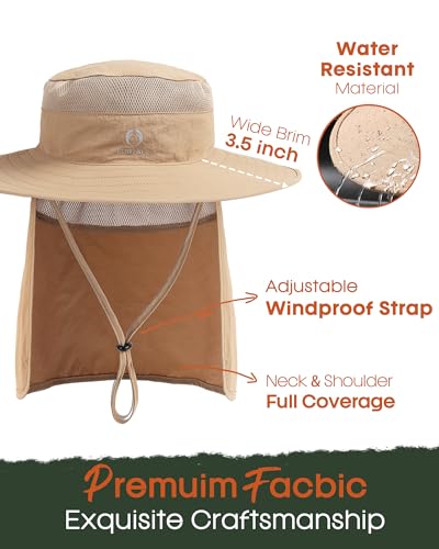 FURTALK Sun Hats for Men Women Fishing Hat with Neck Flap UPF 80+ Breathable Wide Brim Hiking Safari Summer Bucket Hats - color: Khaki