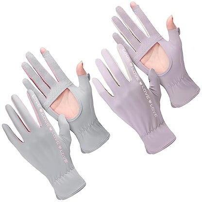 Hercicy 2 Pairs Women Sun Protection Summer UV Driving Gloves UPF 50+ Full Finger Touchscreen Non Slip Gloves - color: Light Grey, Purple