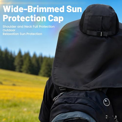 Solar Fan Hat Wide Fishing Hat Breathable Neck Flap Bucket Hats Outdoor Sun Hats for Men Women with USB Charging - color: Black