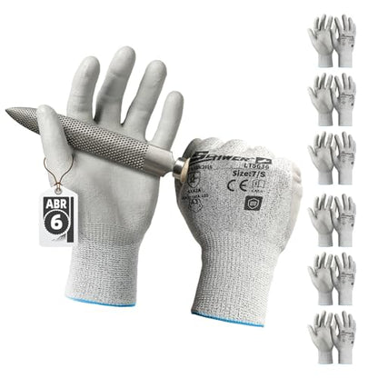 Schwer 6 Pairs ANSI A2 Cut Resistant Work Gloves with Certified Level 6 Ultra Abrasion Resistance, Safety Gloves with Grip for General Use, Construction, Gardening, Mechanic, 3D-Comfort, LT5636, S - size: Small, style: 6 Pairs