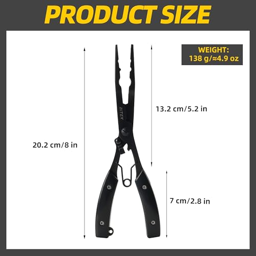 BiteX Saltwater Long Nose Fishing Pliers with Braid Cutter & Hook Remover | Titanium-Coated Stainless Steel, Extended Reach, Better Control, Deep-Set Hook Remover, One-Hand Operation, Lanyard & Sheath
