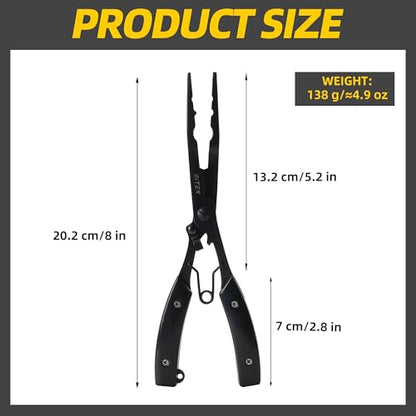 BiteX Saltwater Long Nose Fishing Pliers with Braid Cutter & Hook Remover | Titanium-Coated Stainless Steel, Extended Reach, Better Control, Deep-Set Hook Remover, One-Hand Operation, Lanyard & Sheath