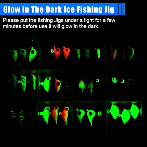 Ice Fishing Jig Kits,Luminous Ice Fishing Lures Micro Jig Head Hooks Fish Gear Tackle Accessories Winter Fishing Jigging for Crappie Pike Panfish Walleye Perch Bluegill - color: Colorful - 36pcs