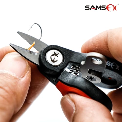 SAMSFX Fishing Nipper with Retractable Tether, Stainless Steel Blades that Cut Braid, Mono and Fluoro Lines, SNIP, Fishing Line Cutters (Red) - color: Red