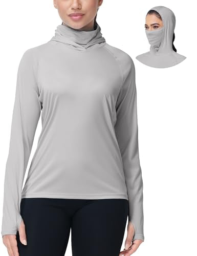 isnowood Women's Sun Protection Hoodie UPF 50+ Hiking Fishing Shirt, Long Sleeve UV Rash Guard with Face Mask Lightweight - color: Light Grey, size: Medium
