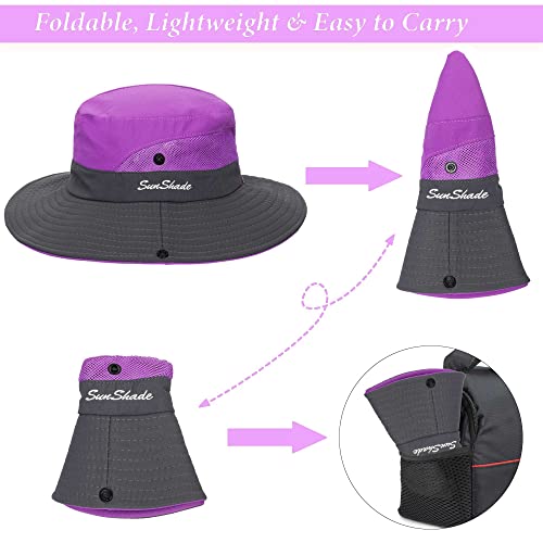 Sun Hat for Women Summer UV Protection Beach Hat Wide Brim Mesh Bucket Fishing Hat with Ponytail Hole Foldable Packable Hat - color: Purple(with Ponytail Hole)