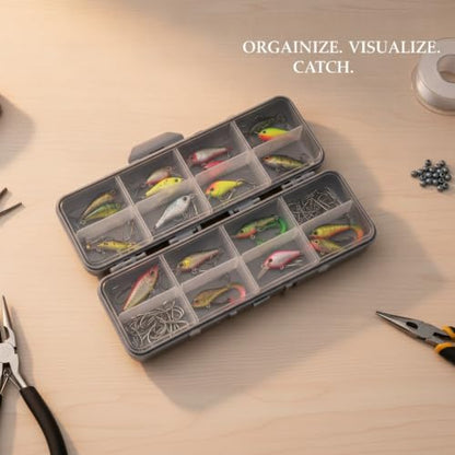 Kayak and Bank Fishing Essential: Double-Sided Folding Tackle Box with 12 Compartments for Lures, Slim PP Plastic Organizer - color: Gray