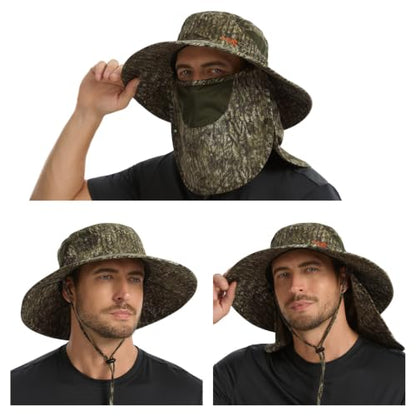 BASSDASH UPF 50+ Breathable Sun Hat with Removable Face Cover and Neck Flap Wide Brim Bucket Hat for Fishing Hiking Men Women - color: Moss Wood