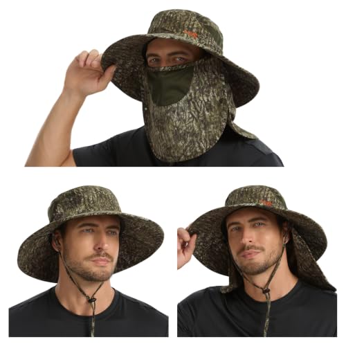 BASSDASH UPF 50+ Breathable Sun Hat with Removable Face Cover and Neck Flap Wide Brim Bucket Hat for Fishing Hiking Men Women - color: Moss Wood