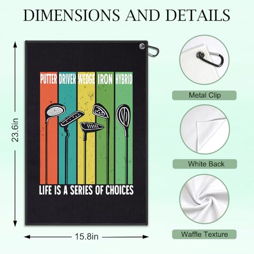 DYJYBMY Life is A Series of Choices Printed Golf Towel with Clip, Funny Golf Accessories for Men, Father's Day Appreciation Gifts for Husband Dad Father in Law Grandpa, Retirement Gofing Gifts - color: Black02