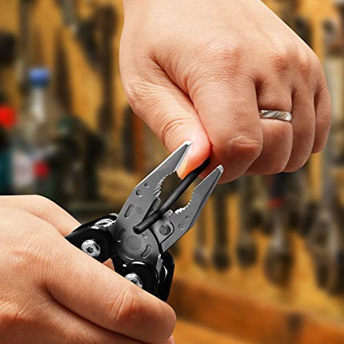 RoverTac Multitool Pliers Pocket Knife, 14 in 1 Multi Tool Knife Pliers Saw Bottle Opener Safety Lock Nylon Sheath, Camping Hiking Gear Multitool for Camping Survival Hiking DIY, Gifts for Men Dad - color: Black