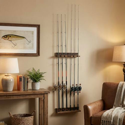 MyGift Fishing Rod Holder, Wall Mounted Burnt Wood Fishing Pole Holders for Garage, Adjustable Vertical Hanging Garage Storage Fisherman Gear Rack Holds 6 Rods, Christmas Gift