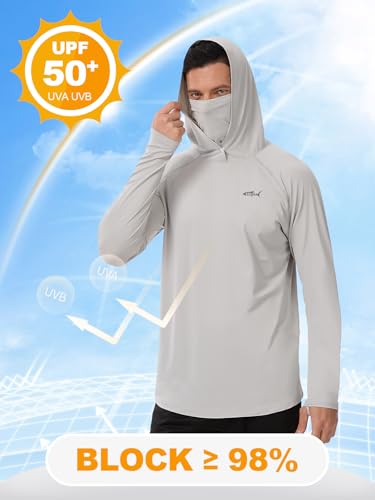 Men's UPF 50+ Sun Protection Hoodie Lightweight Quick Dry Fishing Shirts Long Sleeve Rash Guard with Mask - color: Light Grey, size: Medium