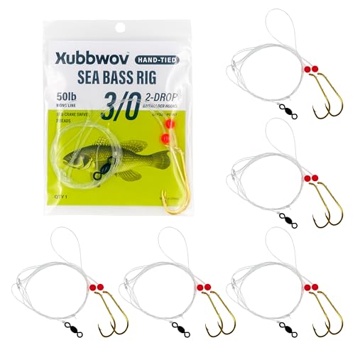 Sea Bass Rigs, Hand-Tied 6-Pack Hi-Lo Saltwater Fishing Rigs with 2/0 & 3/0 Gold Baitholder Hooks, 50lb Mono Leader, Sinker Loop & 97lb Swivel for Porgy, Fluke, Tautog and Bottom Fishing - size: 3/0 Baitholder