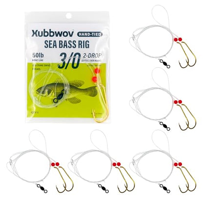 Sea Bass Rigs, Hand-Tied 6-Pack Hi-Lo Saltwater Fishing Rigs with 2/0 & 3/0 Gold Baitholder Hooks, 50lb Mono Leader, Sinker Loop & 97lb Swivel for Porgy, Fluke, Tautog and Bottom Fishing - size: 3/0 Baitholder