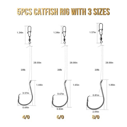 FishTrip Pre-Tied Inline Non-Offset Circle Hook Surf Rigs, 5Pack, 28in Nylon Leader, High Hook-Up&Corner-Mouth Sets, Saltwater Swivels&Snaps for Striped Bass, Catfish, Red Drum, Offshore(4/0,6/0,8/0) - size: 6/0#_5pcs