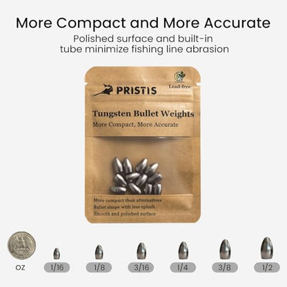Pristis 12 pcs Tungsten Fishing Weights, Compact Bullet Sinkers Kit for Fishing line, Drop Shot Texas Carolina Rig Hook Weight for Bass Walleye Perch Trout Crappie Bait - size: 1/16 oz
