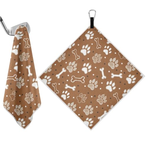Dog Paw Brown Pattern Magnetic Golf Towel for Men, 17.7"x17.7" Golf Bag Towel with Carabiner Clip & Hidden Magnet, Heavy Duty Golf Club Cleaner - color: Dog Paw Brown