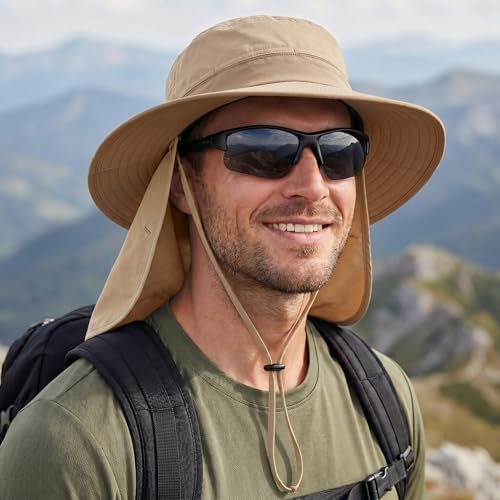 Connectyle Wide Brim Sun Hat for Men Women UPF 50+ Breathable Fishing Hat with Neck Flap Outdoor Hiking Safari Bucket Hats - color: Light Khaki