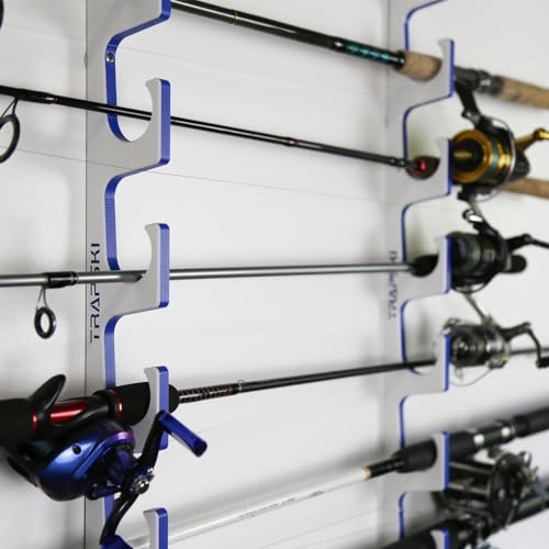 TRAPSKI Made in the USA Premium Fishing Rod/Pole Holder Rack Organizer | Wall or Boat Mounting Fishing Rod Rack | Marine Grade HDPE Plastic | Rod Holder for up to 8 Rods | Stackable - 2 Pack - color: H4 White/Blue