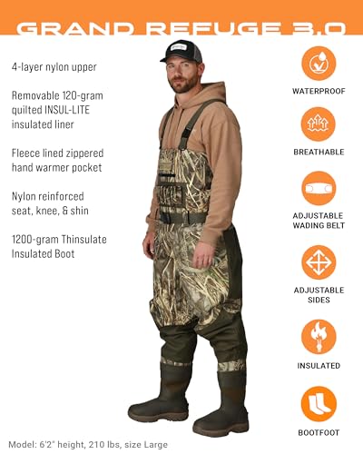 FROGG TOGGS Men's Grand Refuge 3.0 Waterproof Bootfoot Wader for Hunting with Removable Insulation Liner - color: Realtree Max-7, size: 7