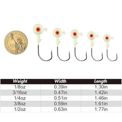 Alwonder 10-Pack Round Fishing Jig Heads, Bass Ball Jigs Hooks 3D Eyes High Carbon Steel 1/8-1/2OZ Pompano Jig Head Saltwater Freshwater Jigs Heads for Fishing Pompano Bass Trout Walleye Striper - color: Luminous, size: 3/16oz