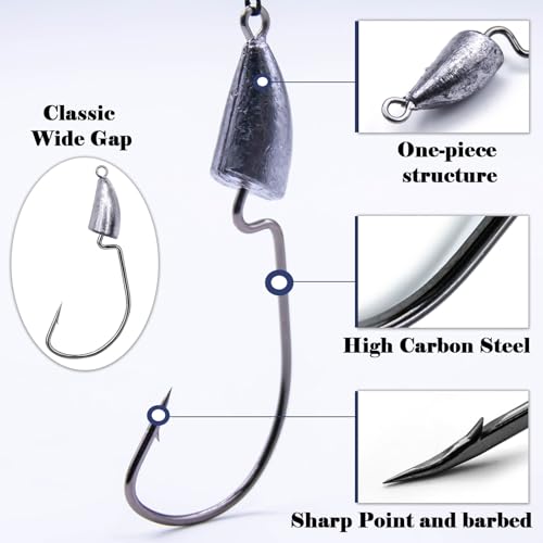 FishTrip Bullet Jig Head Weighted Hooks,10pcs Texas Rigs EWG Hooks for Bass Fishing Saltwater 1/16 1/8 1/4 1/2 oz - size: 1/12 oz (10-Pack)