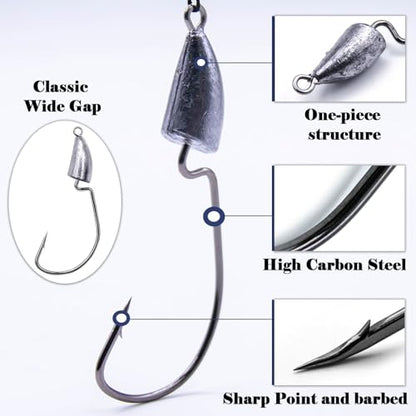 FishTrip Bullet Jig Head Weighted Hooks,10pcs Texas Rigs EWG Hooks for Bass Fishing Saltwater 1/16 1/8 1/4 1/2 oz - size: 1/16 oz (10-Pack)